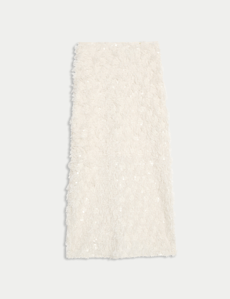 Disc Sequin Split Back Midi Pencil Skirt