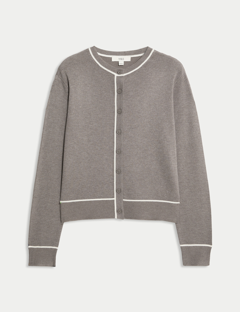Crew Neck Tipped Detail Button Front Cardigan