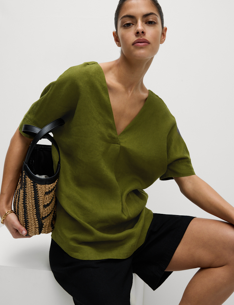 Pure Linen V-Neck Relaxed Popover Blouse