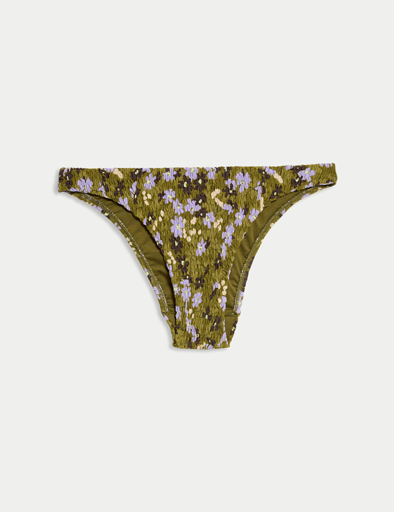 Printed Shirred High Leg Bikini Bottoms