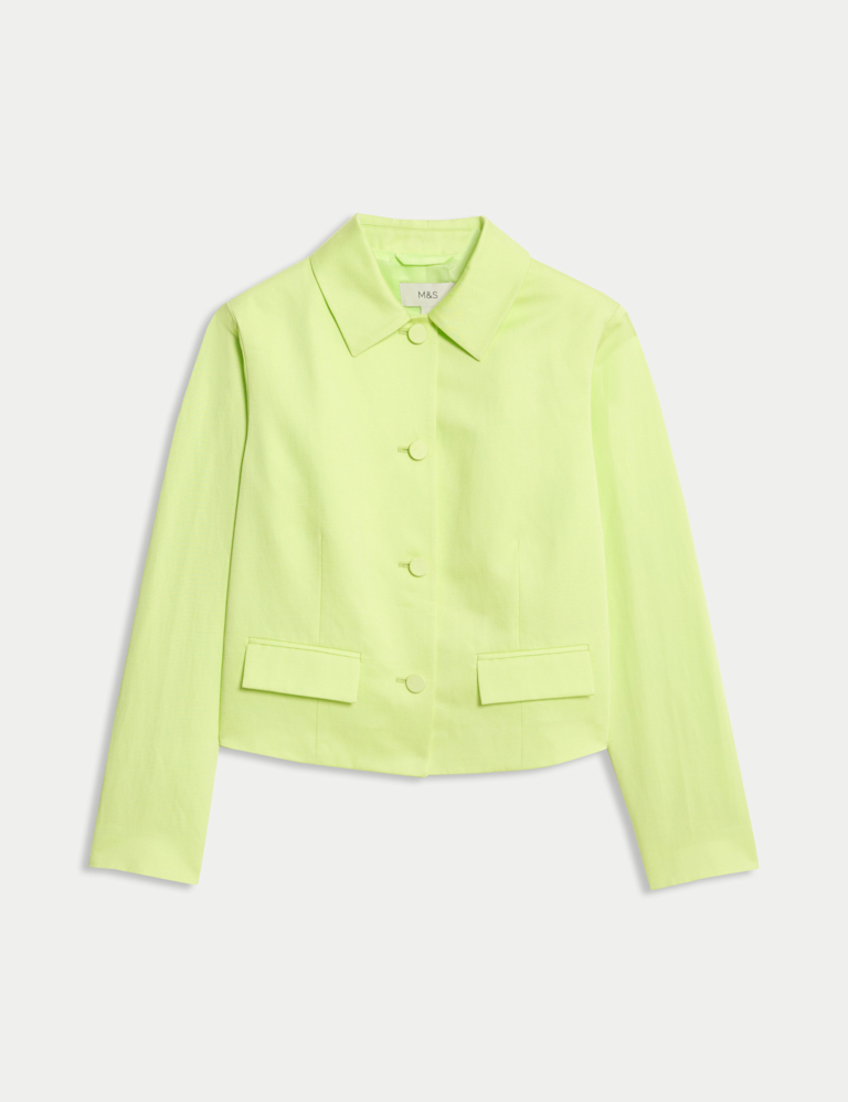 Linen Blend Sheen Single Breasted Cropped Jacket