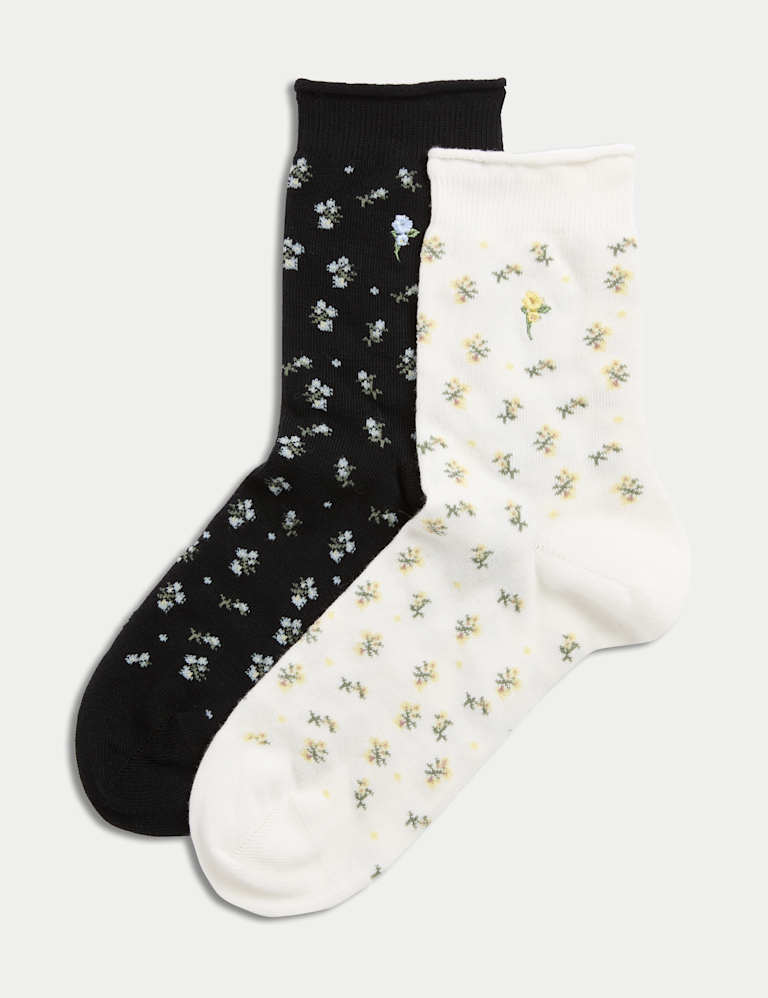 2pk Cotton Rich Floral Crew Socks