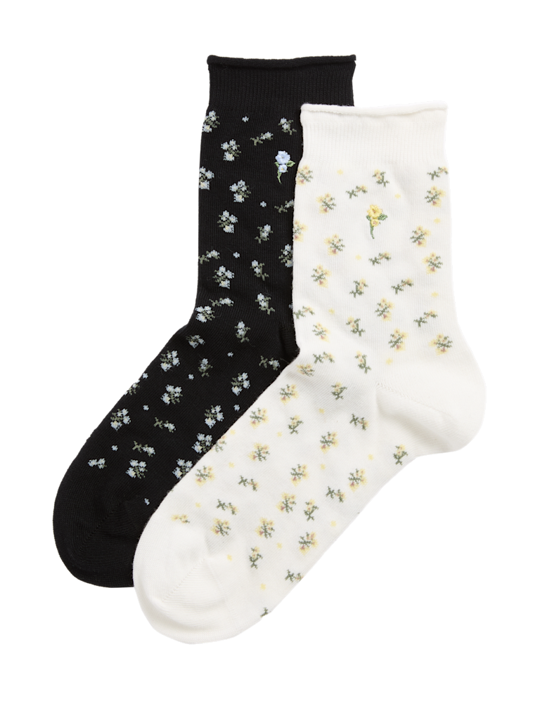 2pk Cotton Rich Floral Crew Socks