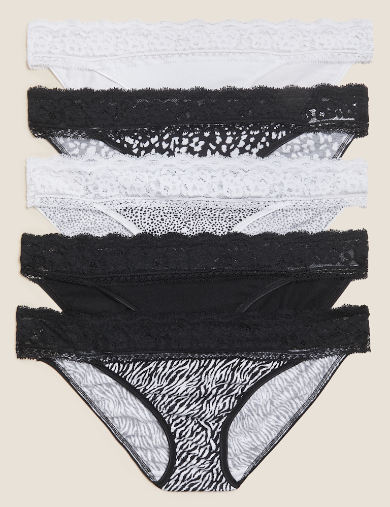 5pk Cotton Blend & Lace Bikini Knickers