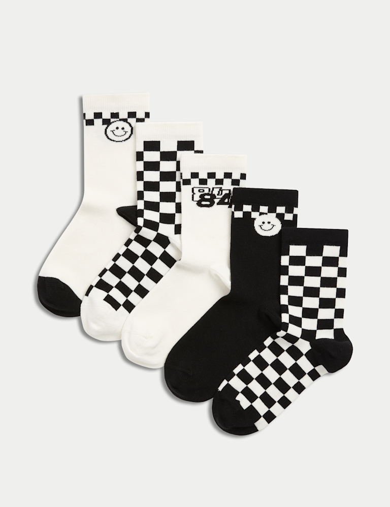 5pk Cotton Rich Checked & Be Happy Socks (6 Small – 7 Large)