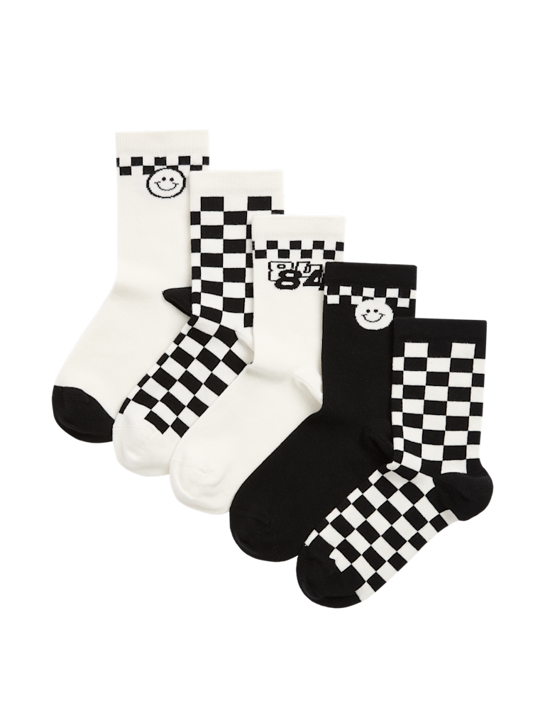 5pk Cotton Rich Checked & Be Happy Socks (6 Small – 7 Large)