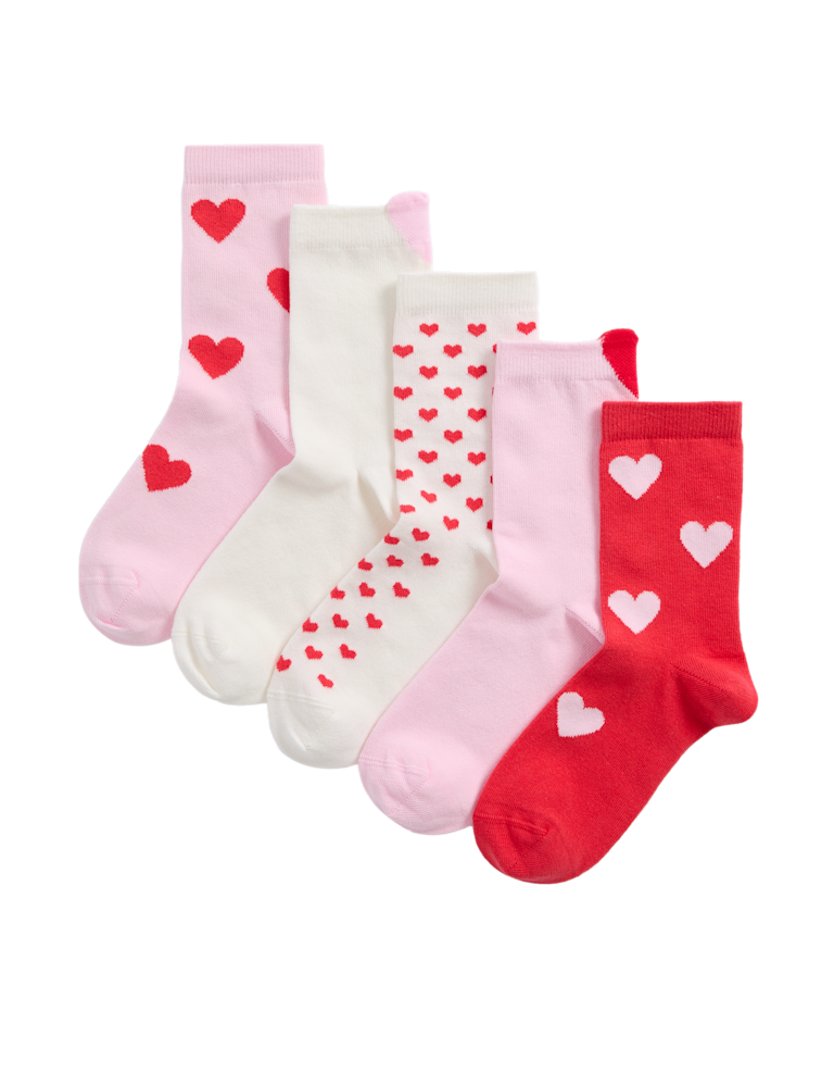 5pk Cotton Rich Ankle Ribbed Heart Socks (6 Small-7 Large)