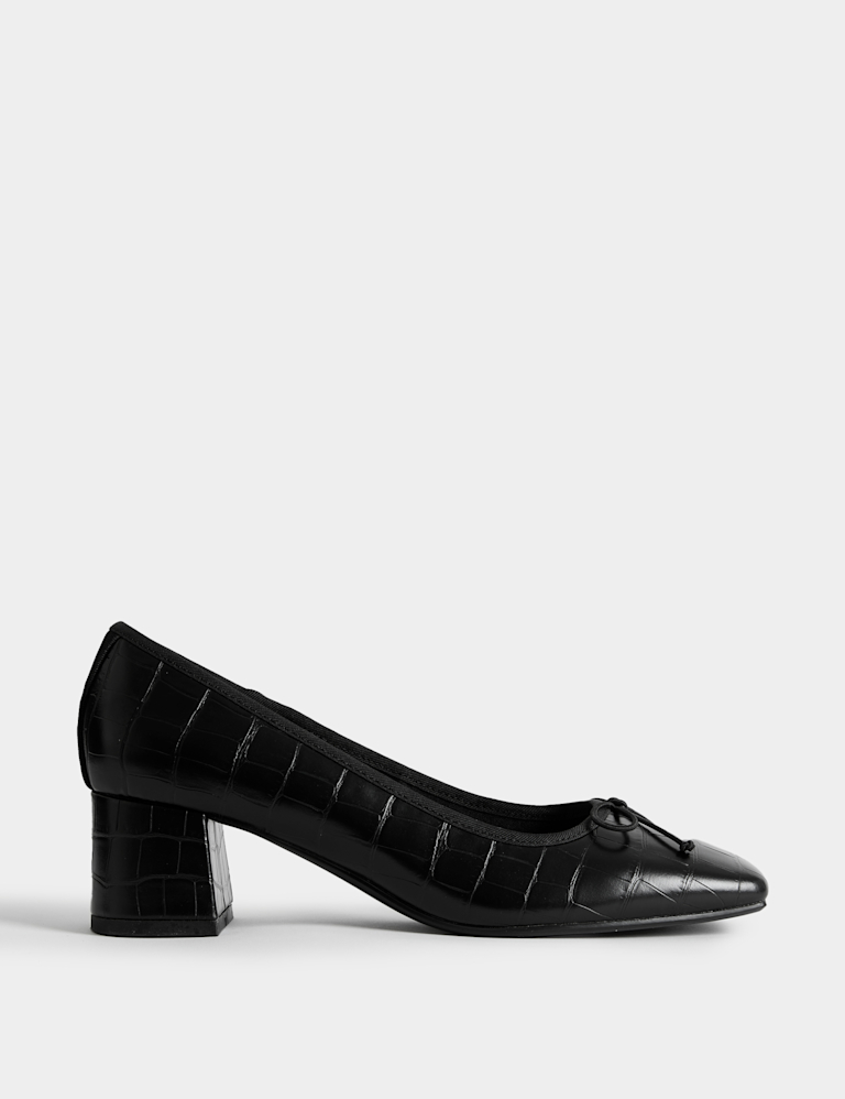 Leather Croc Block Heel Court Shoes