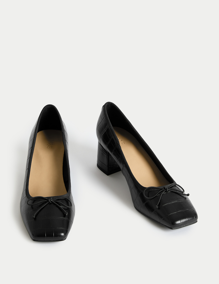Leather Croc Block Heel Court Shoes