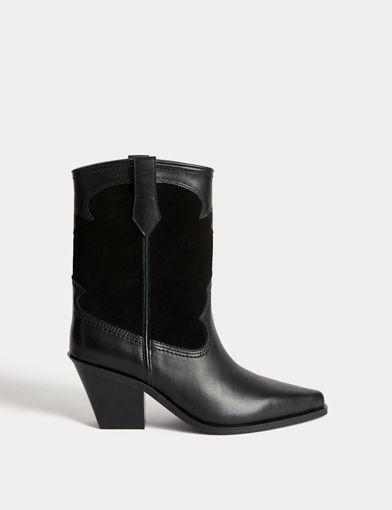Leather Cowboy Block Heel Ankle Boots