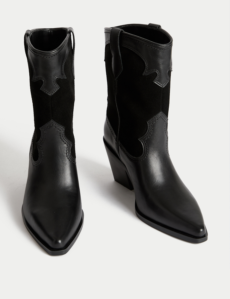 Leather Cowboy Block Heel Ankle Boots