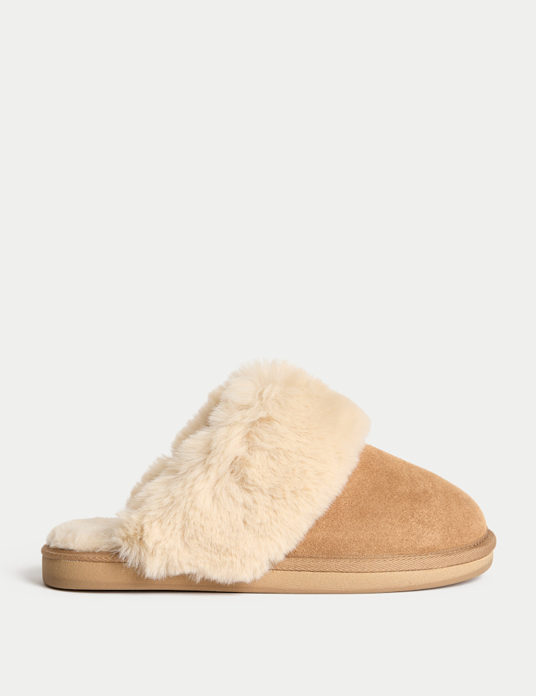 Suede Faux Fur Trim Mule Slippers