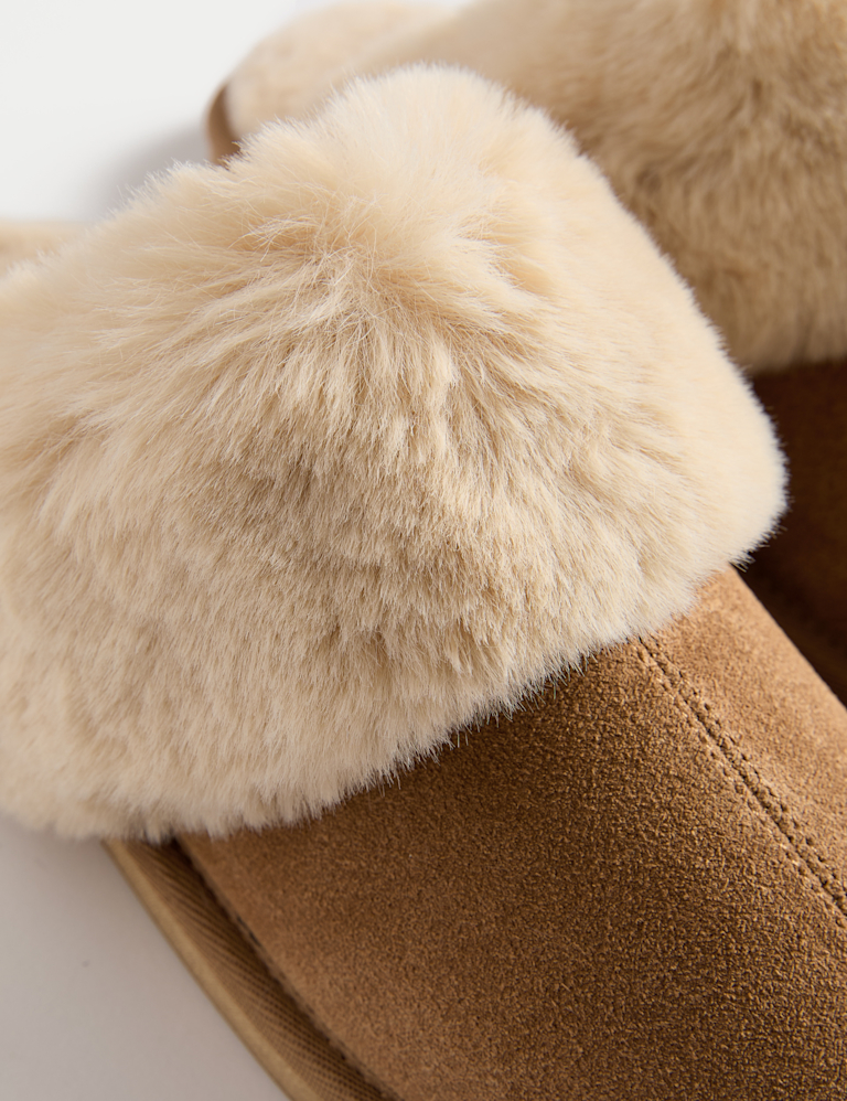 Suede Faux Fur Trim Mule Slippers
