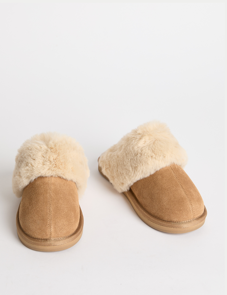 Suede Faux Fur Trim Mule Slippers