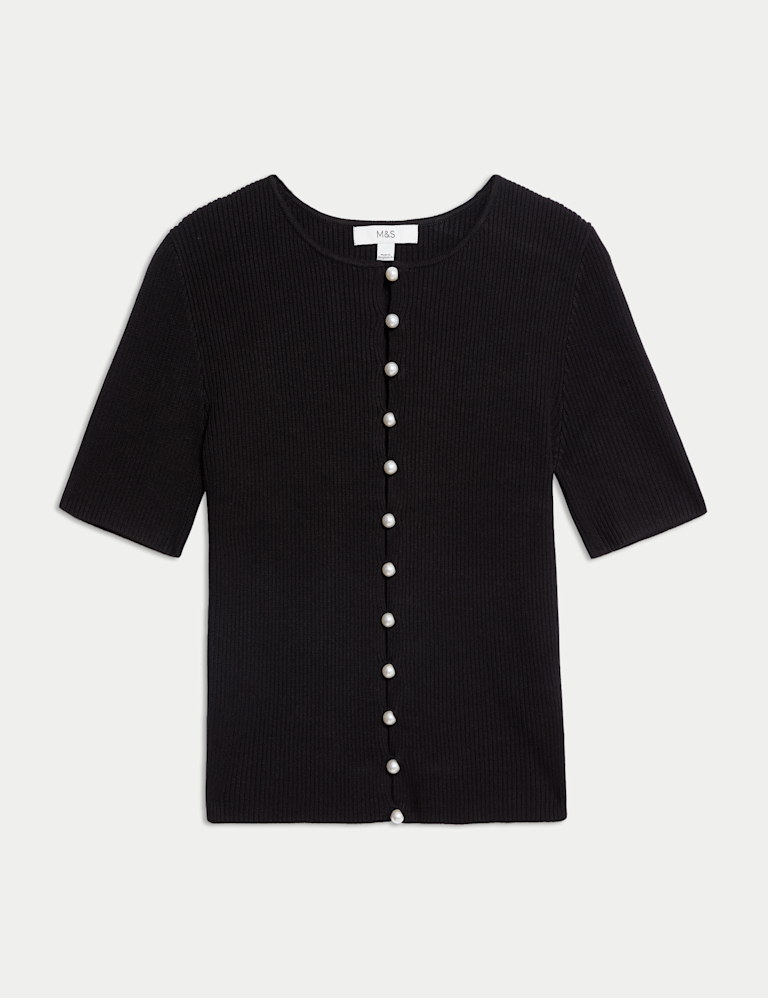 Textured Crew Neck Pearl Look Button Cropped Knitted Top