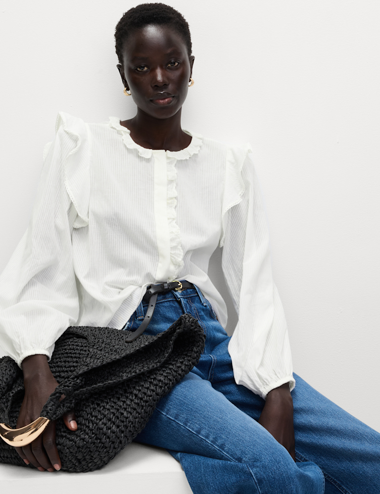 Pure Cotton Collared Ruffle Blouson Sleeve Blouse