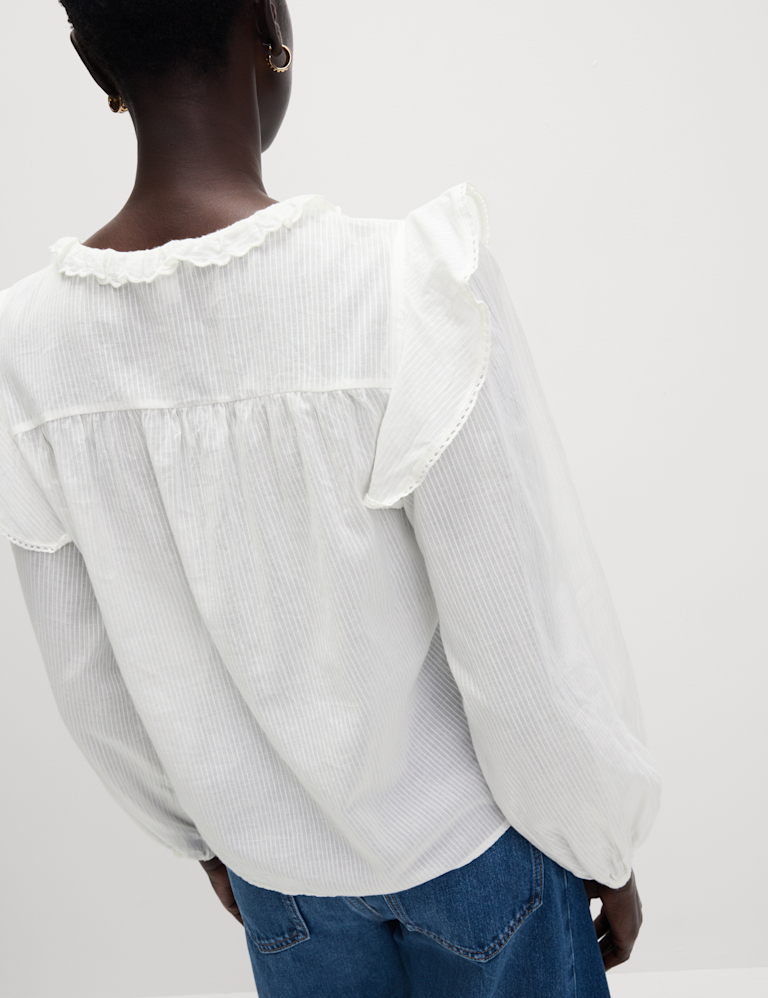 Pure Cotton Collared Ruffle Blouson Sleeve Blouse