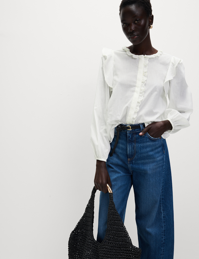 Pure Cotton Collared Ruffle Blouson Sleeve Blouse