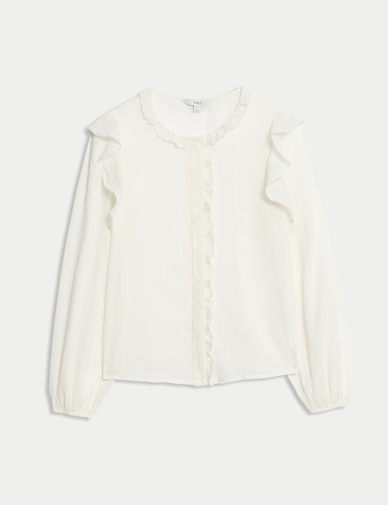 Pure Cotton Collared Ruffle Blouson Sleeve Blouse