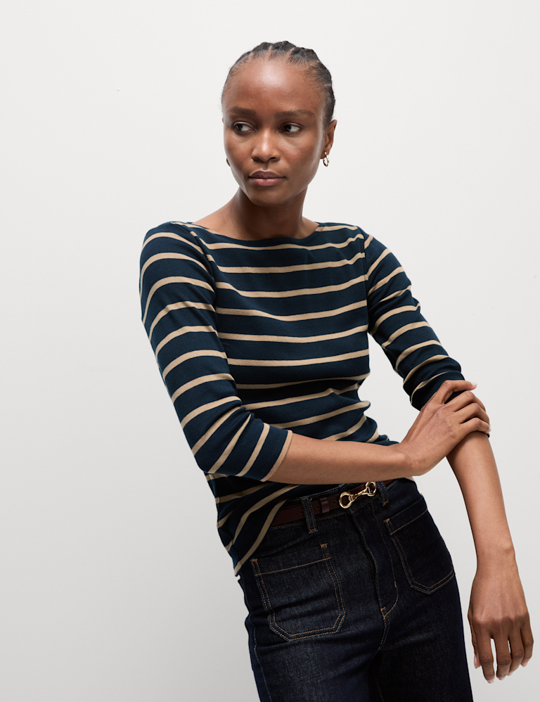 Pure Cotton Striped Slash Neck Slim Fit Top