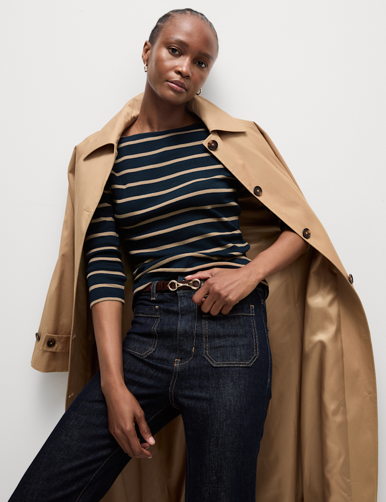 Pure Cotton Striped Slash Neck Slim Fit Top