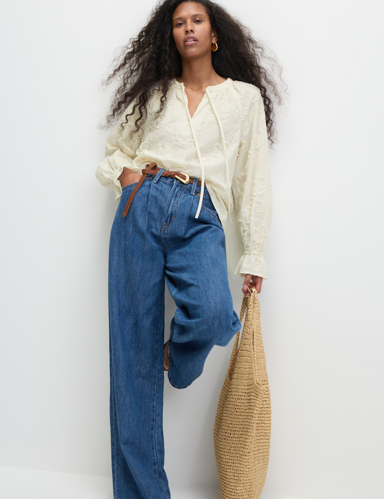 Pure Cotton Appliqué Tie Neck Blouse