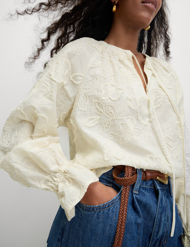 Pure Cotton Appliqué Tie Neck Blouse