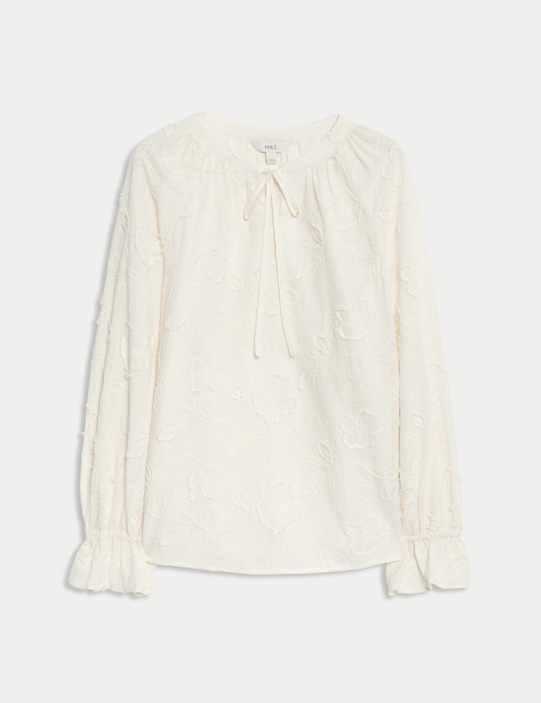 Pure Cotton Appliqué Tie Neck Blouse