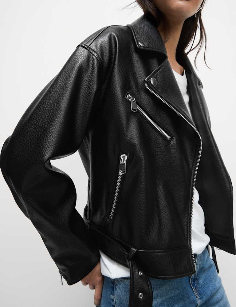 Faux Leather Textured Biker Jacket