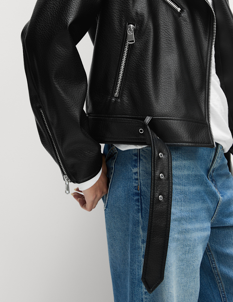 Faux Leather Textured Biker Jacket