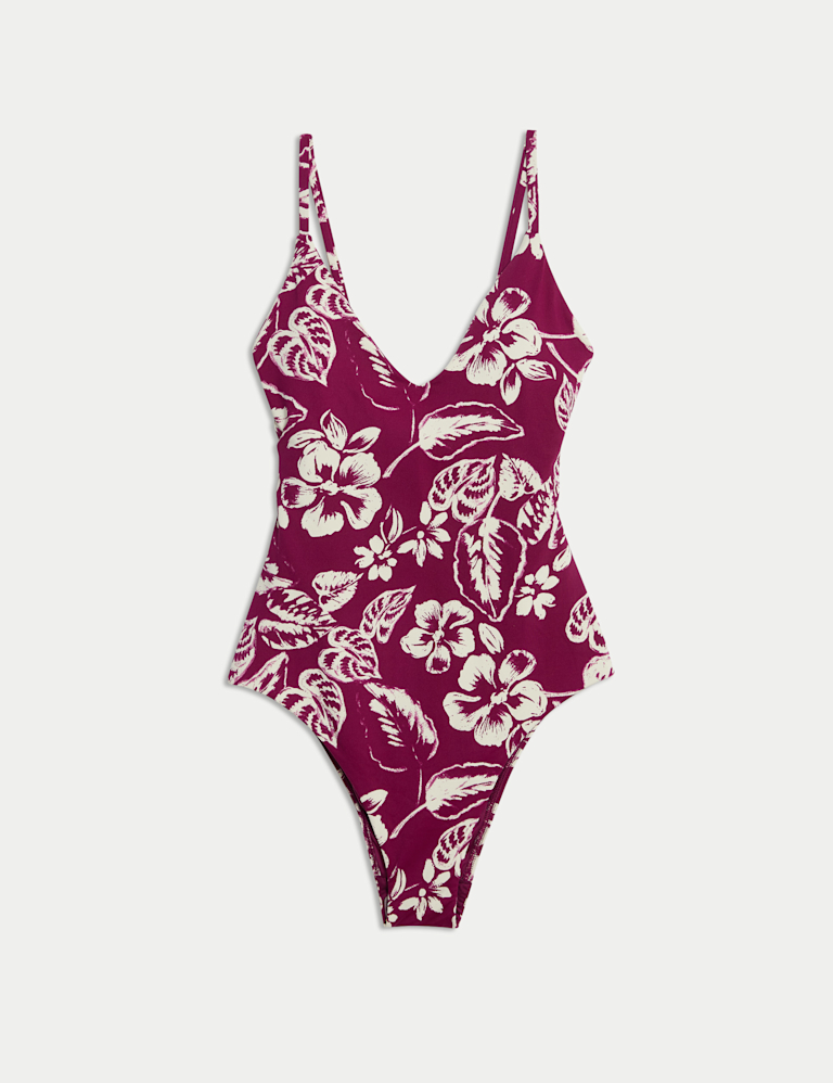 Tummy Control Palm Print Plunge Swimsuit