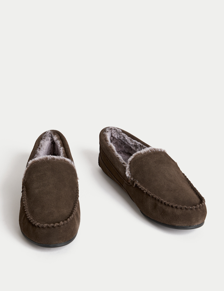 Suede Fleece Lined Moccasin Slippers