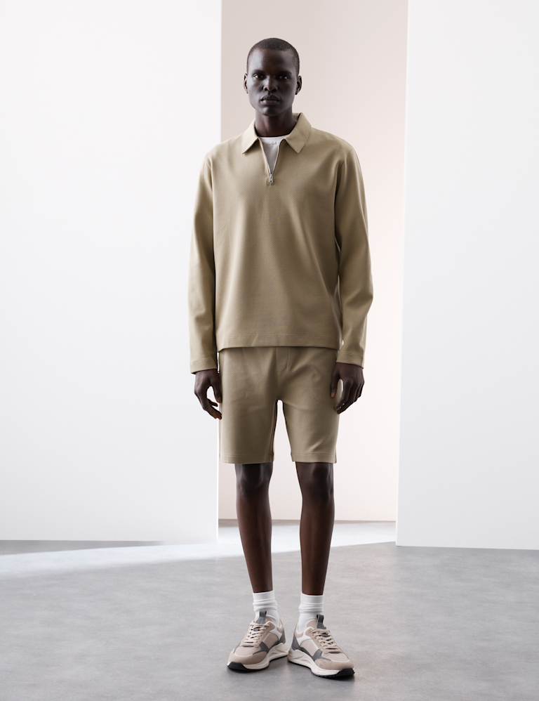 Cotton Rich Waffle Half Zip Long Sleeve Top