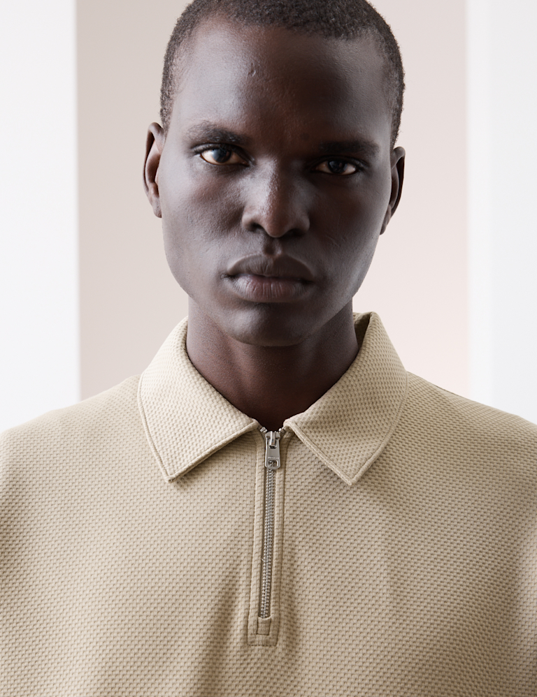 Cotton Rich Waffle Half Zip Long Sleeve Top