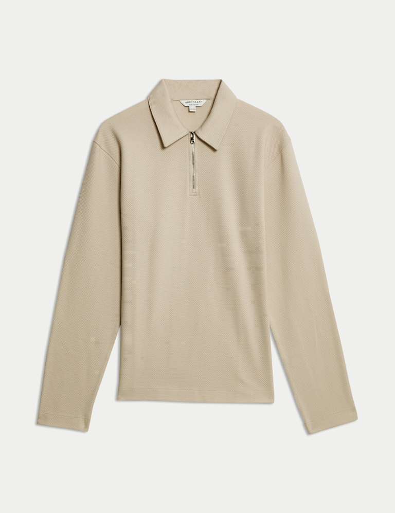 Cotton Rich Waffle Half Zip Long Sleeve Top