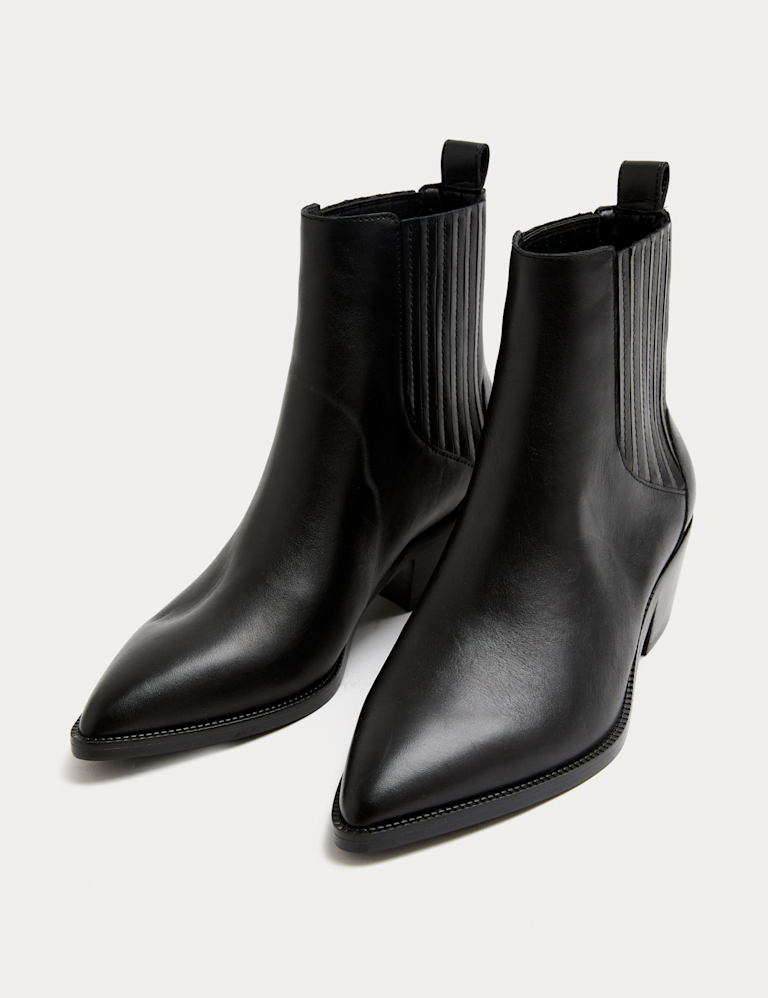 Leather Cowboy Block Heel Pointed Ankle Boots