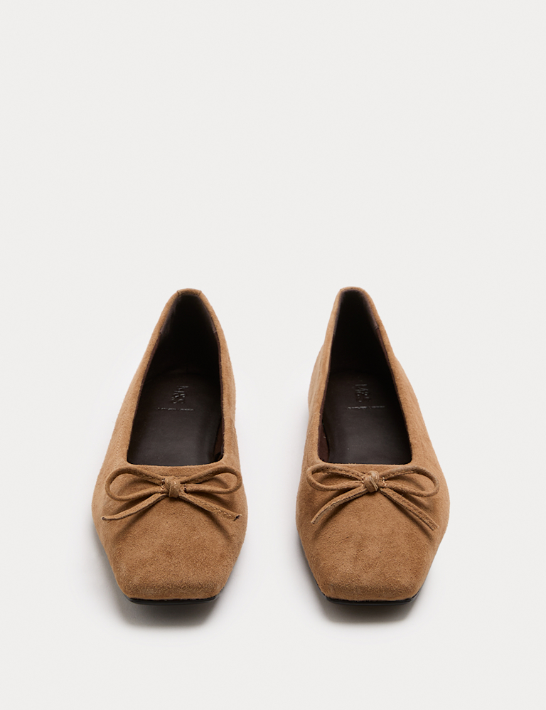 Suede Bow Flat Square Toe Ballet Pumps