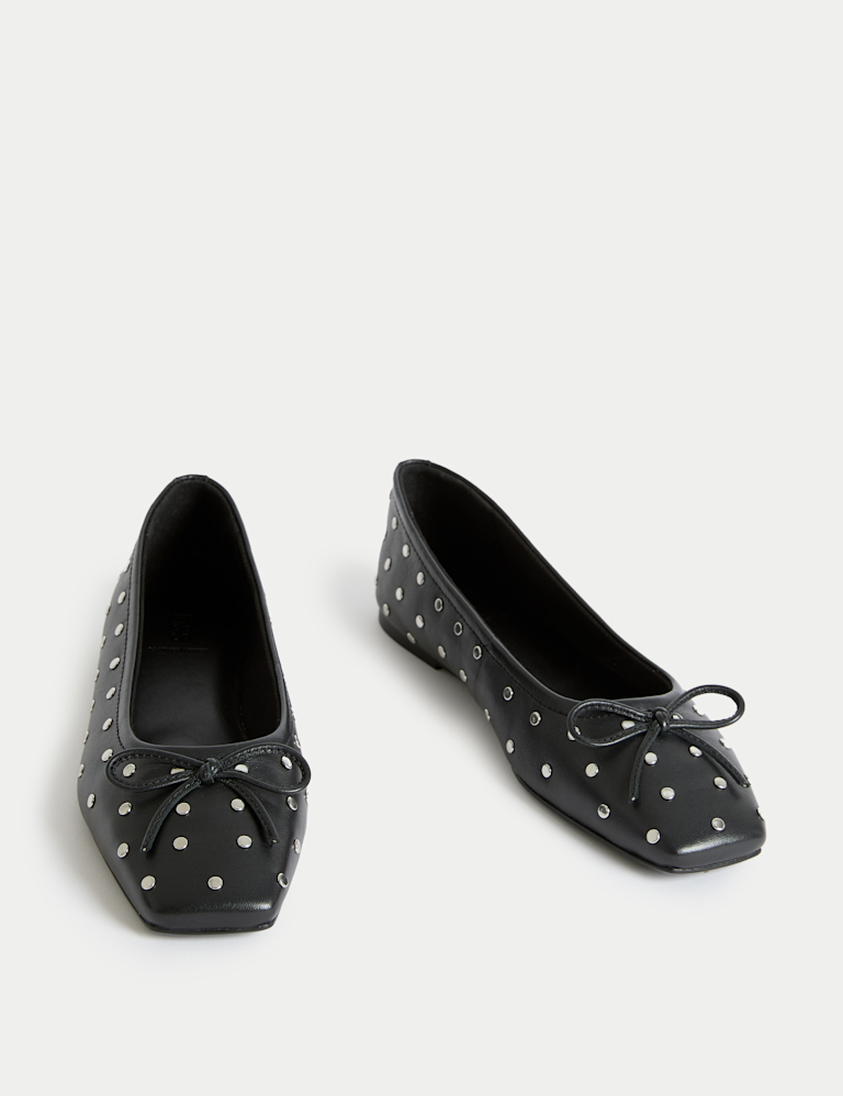 Leather Studded Square Toe Ballet Pump