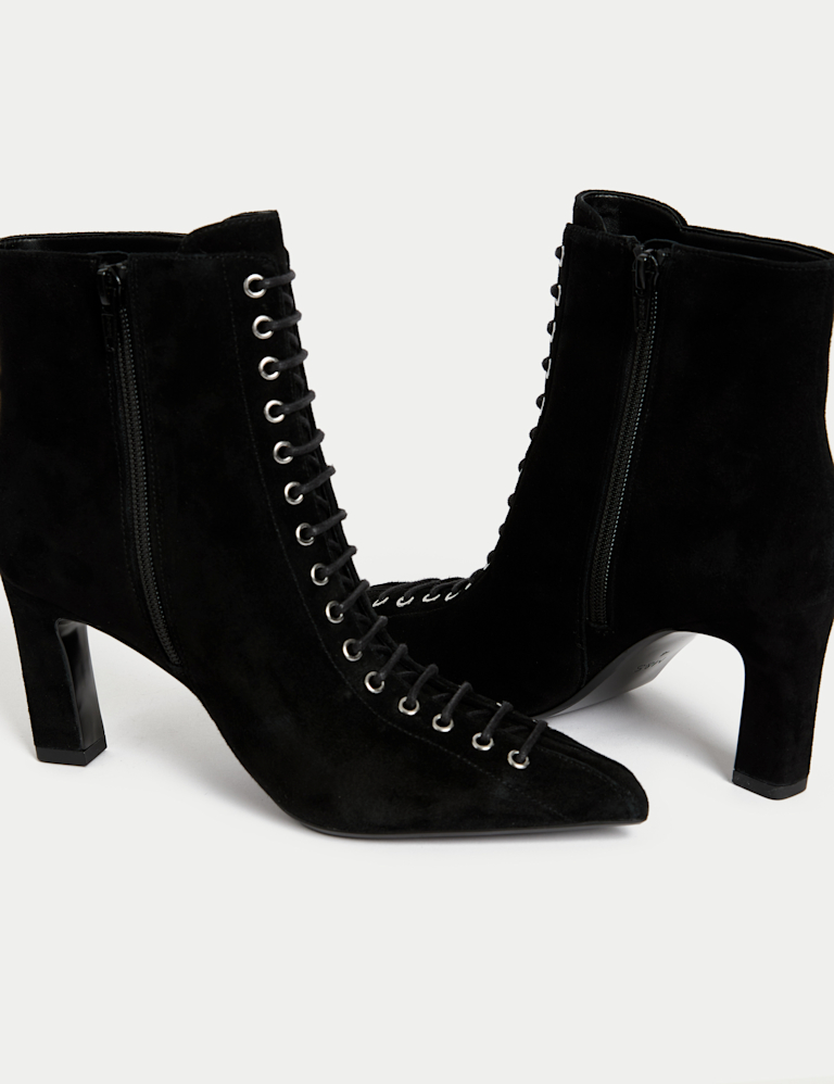 Suede Lace Up Block Heel Pointed Ankle Boots