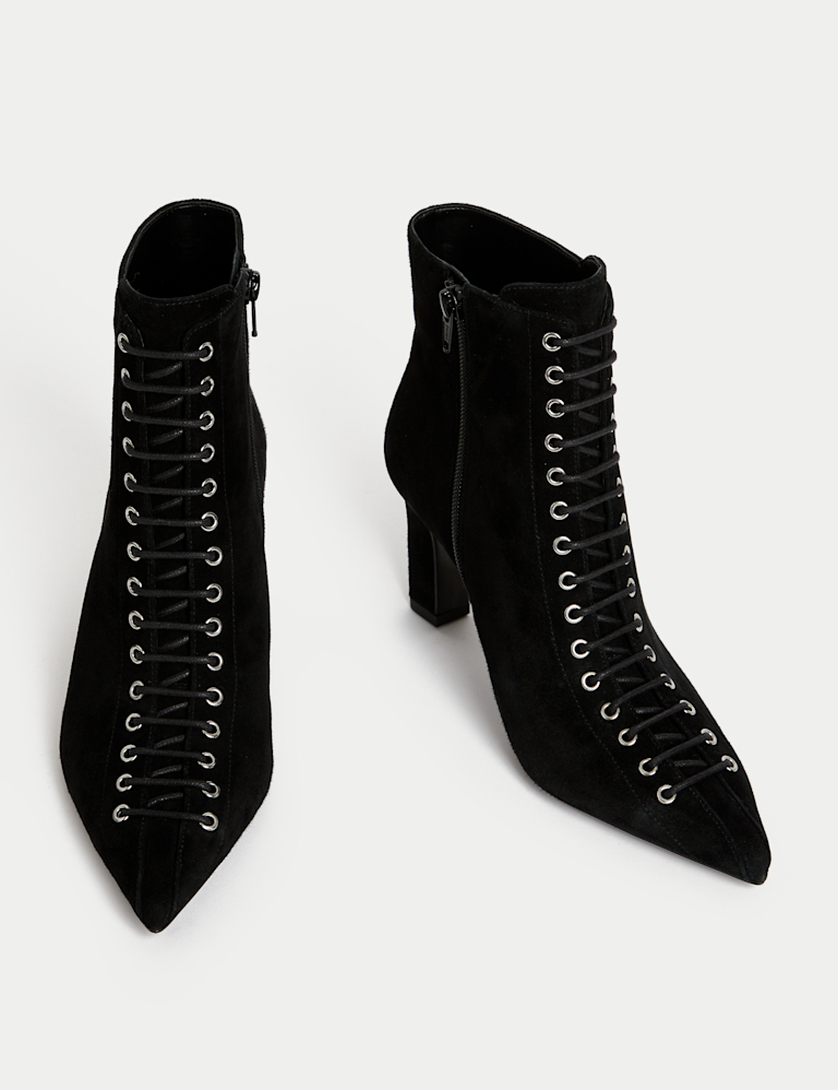 Suede Lace Up Block Heel Pointed Ankle Boots