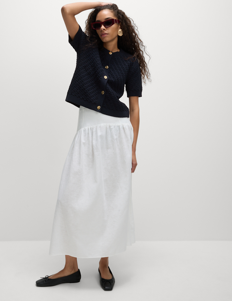 Cotton Blend Textured Button Front Cropped Cardigan