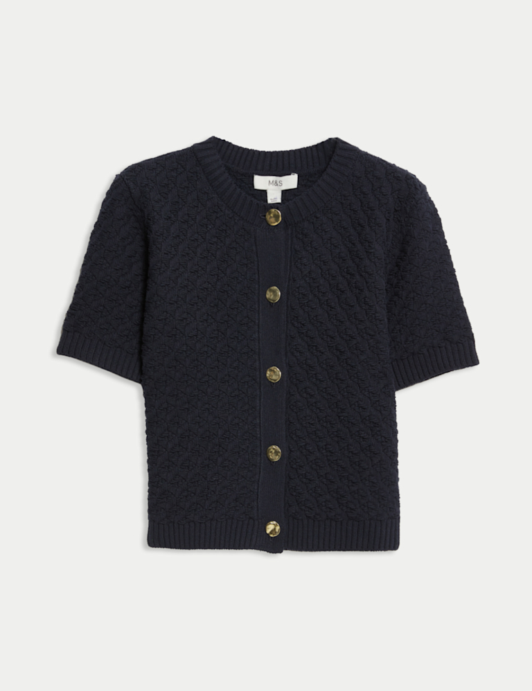 Cotton Blend Textured Button Front Cropped Cardigan