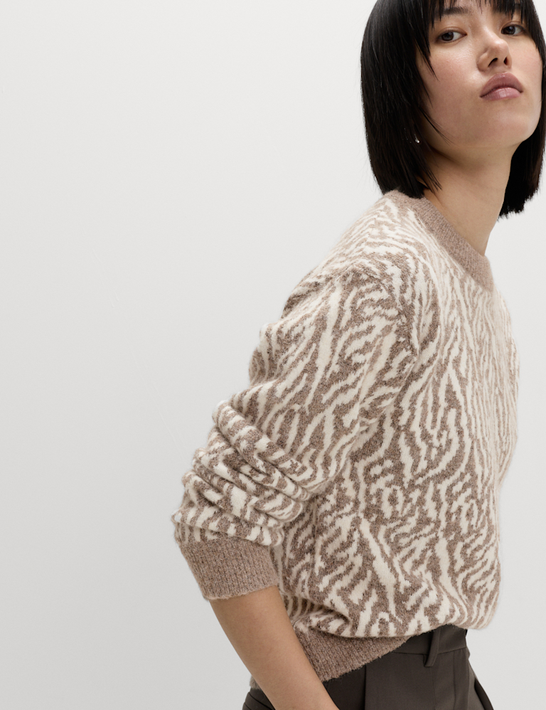 Animal Print Crew Neck Jumper with Wool