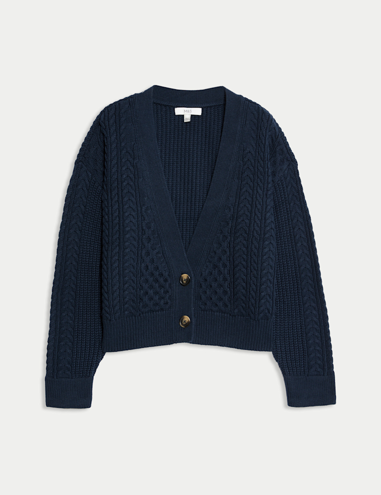 Cotton Rich Cable Knit V-Neck Cropped Cardigan