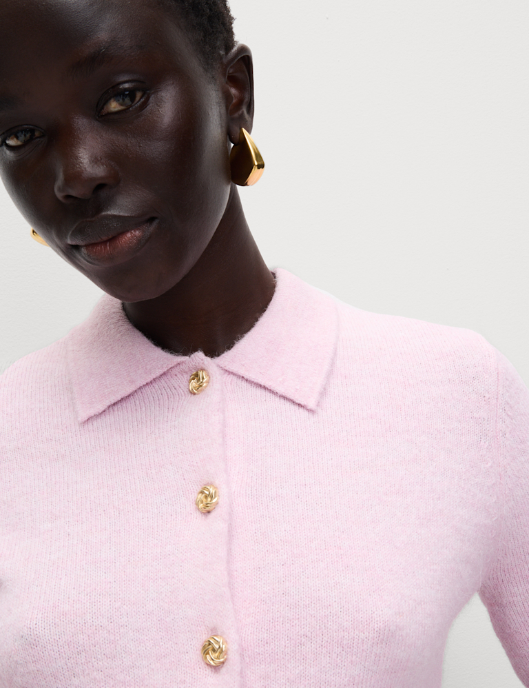 Collared Button Front Short Sleeve Cropped Cardigan with Alpaca