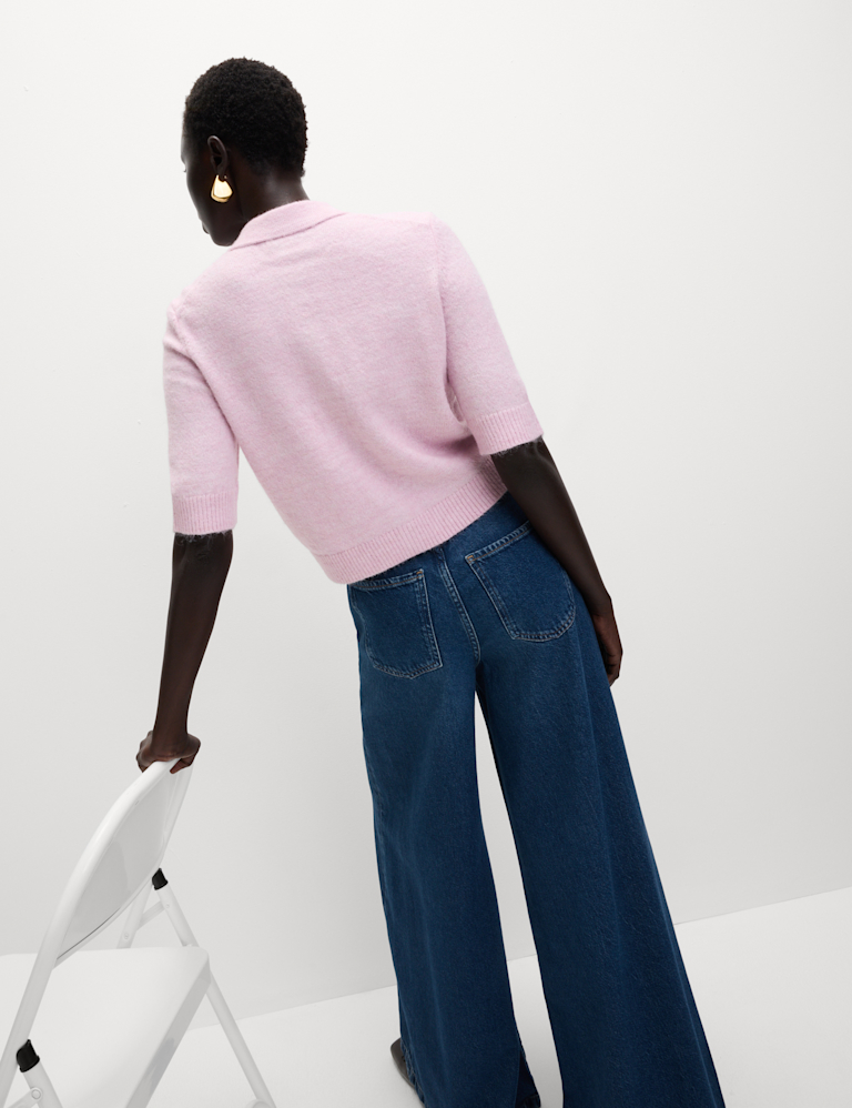 Collared Button Front Short Sleeve Cropped Cardigan with Alpaca