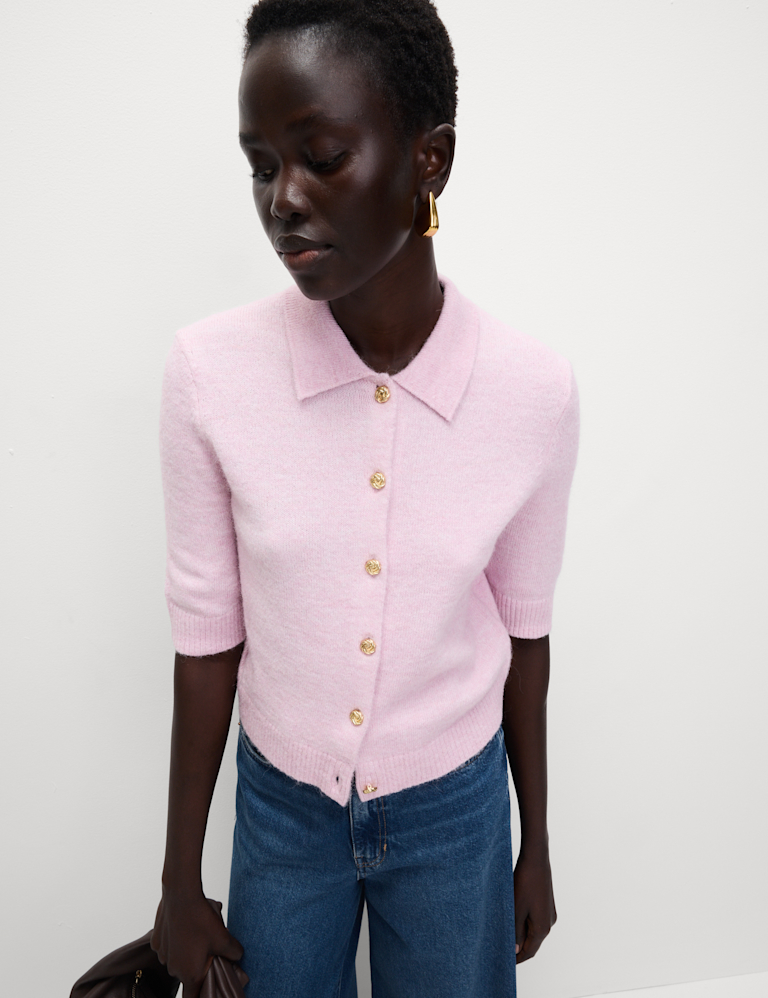 Collared Button Front Short Sleeve Cropped Cardigan with Alpaca