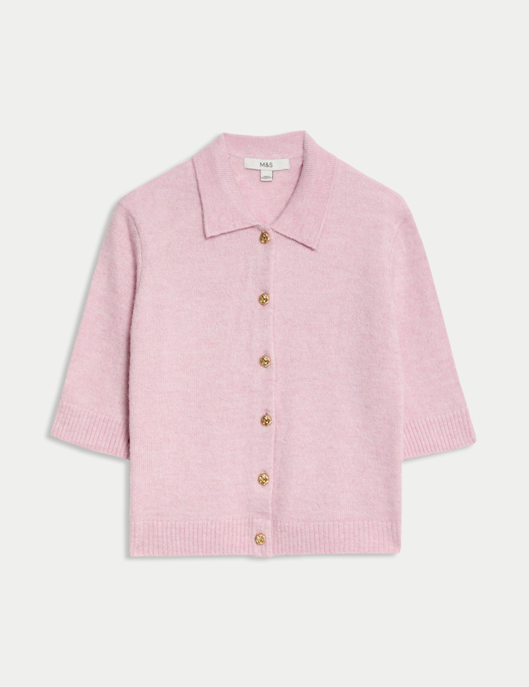 Collared Button Front Short Sleeve Cropped Cardigan with Alpaca