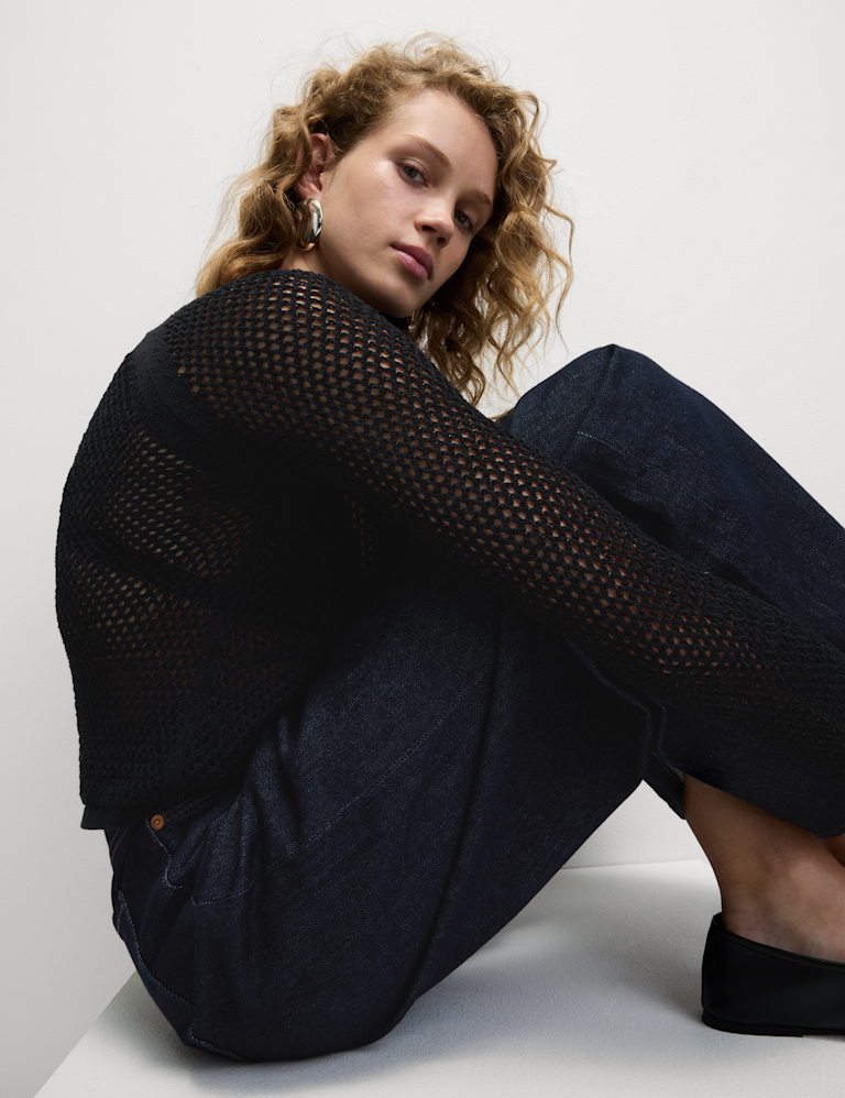 Cotton Blend Textured Crew Neck Jumper