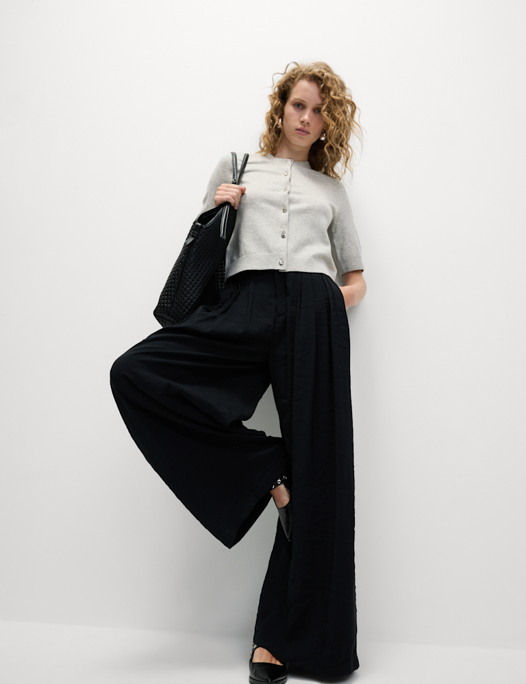 Air-Yarn Button Front Short Sleeve Cropped Cardigan